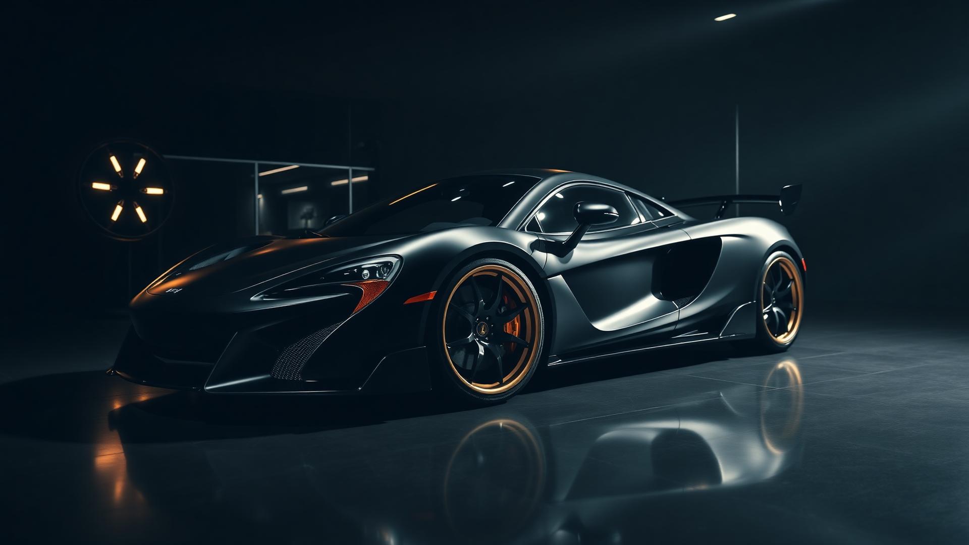 Matte black McLaren supercar in showroom